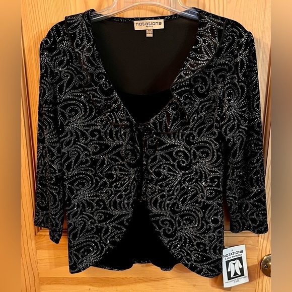 Notations NWT Black w Silver Crystal Ruffled Cardigan Over a Velvet Shell SZ PM - Picture 13 of 17